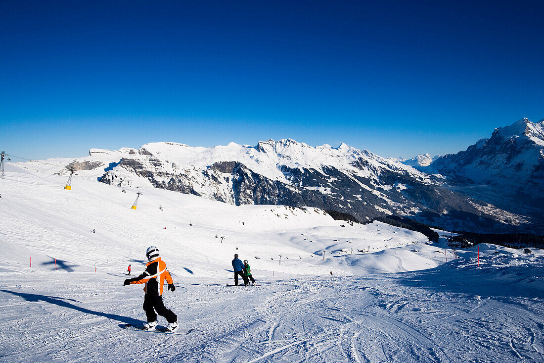 Snowboarder auf der Piste, Männlichen, Grindelwald, Berner Oberland, Kanton Bern, Schweiz