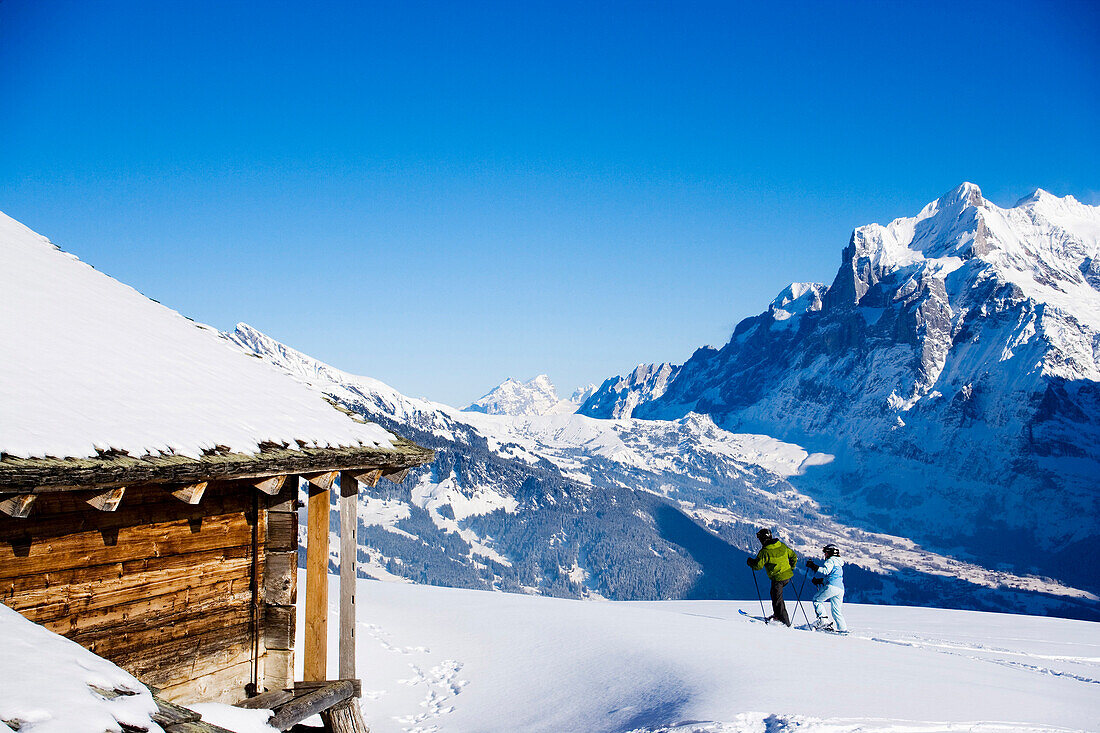Back country skiers near an alpine hut, Maennlichen, Grindelwald, Bernese Oberland, Canton of Bern, Switzerland