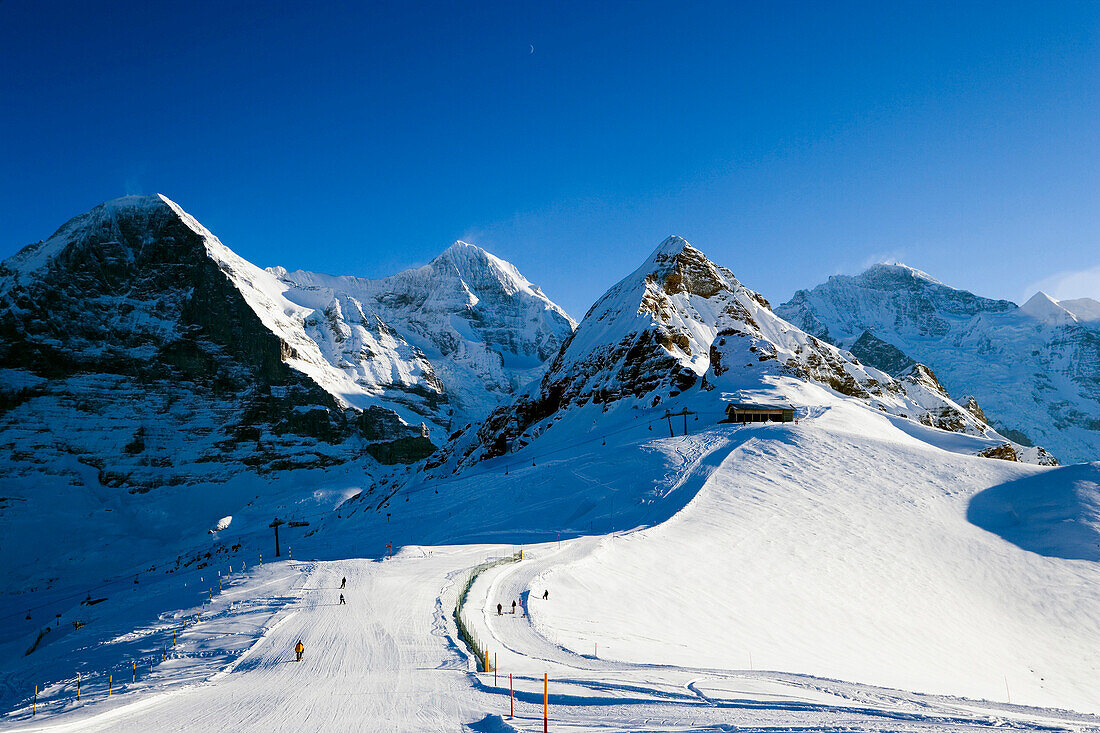 Blick auf Skipiste am Männlichen, Eiger, Mönch und Jungfrau im Hintergründ, Grindelwald, Berner Oberland, Kanton Bern, Schweiz