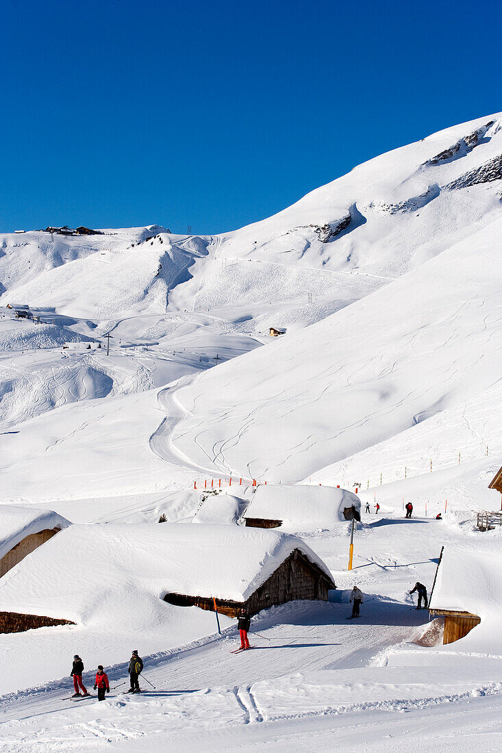 Skiers on slop, Schilt lift in background, First, Grindelwald, Bernese Oberland, Canton of Bern, Switzerland