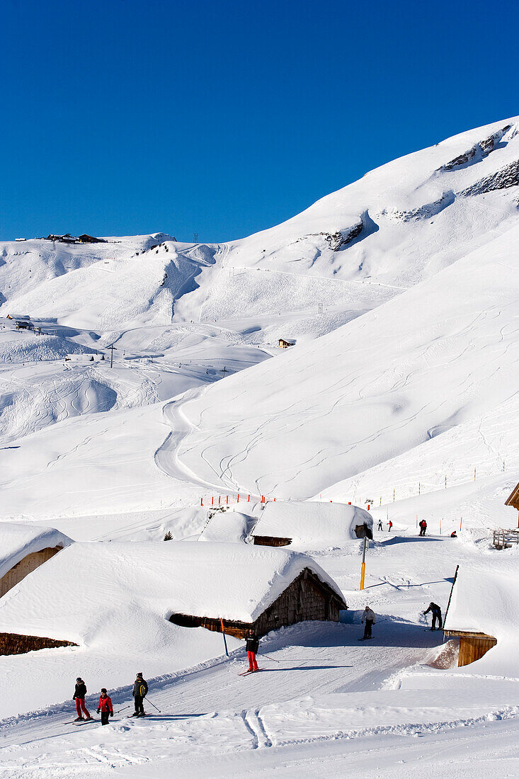 Skifahrer auf der Piste, Schiltlift im Hintergrund, First, Grindelwald, Berner Oberland, Kanton Bern, Schweiz