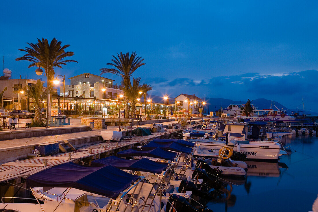 Latsi harbour at night with boats, Latsi, near Polis, South Cyprus, Cyprus