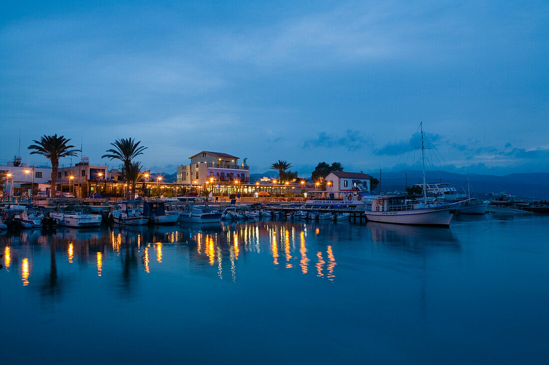 Latsi harbour at night with boats, Latsi, near Polis, South Cyprus, Cyprus