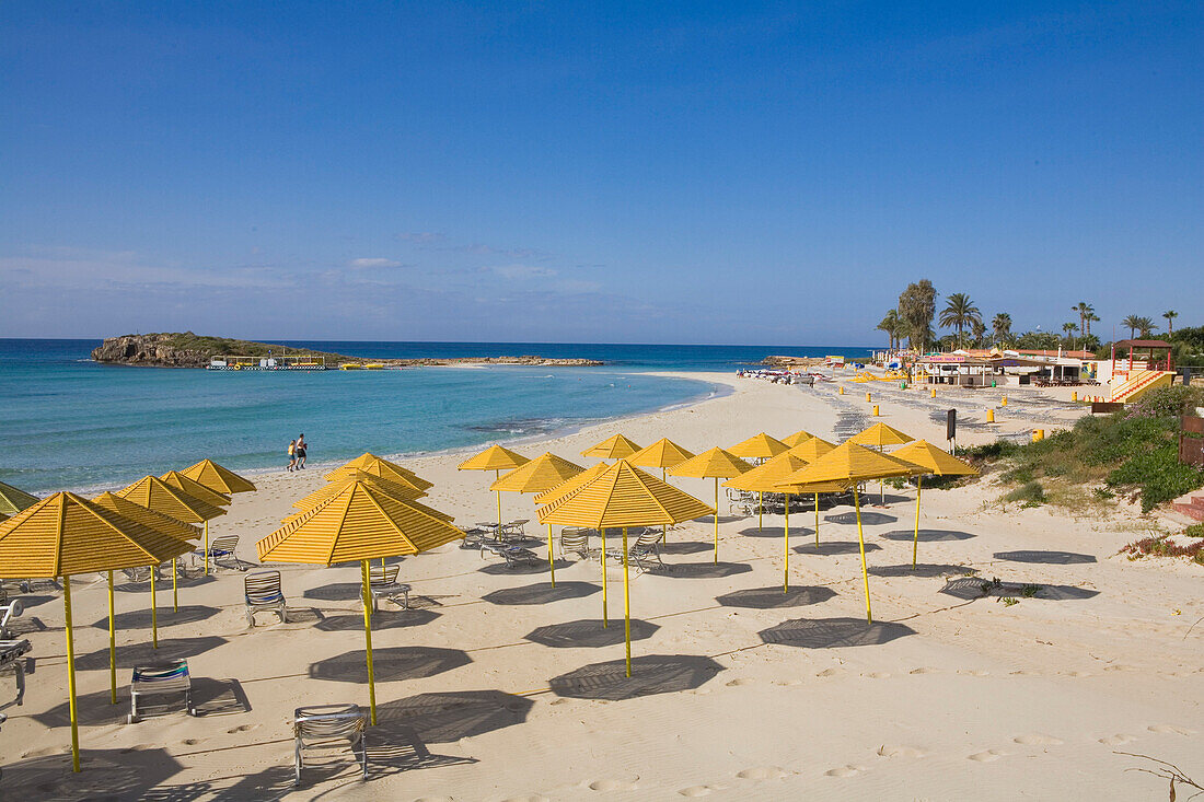 Nissi beach with sunshades, Agia Napa, South Cyprus, Cyprus