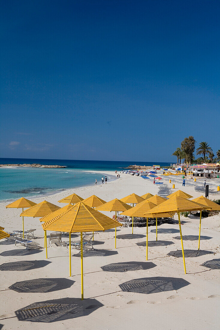 Nissi beach with sunshades, Agia Napa, South Cyprus, Cyprus