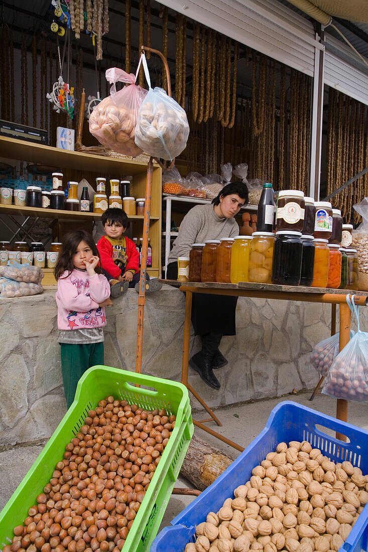 fruits, Soudzoukos, almond sweets, shop, Moutoullas, Troodos mountains, Cyprus