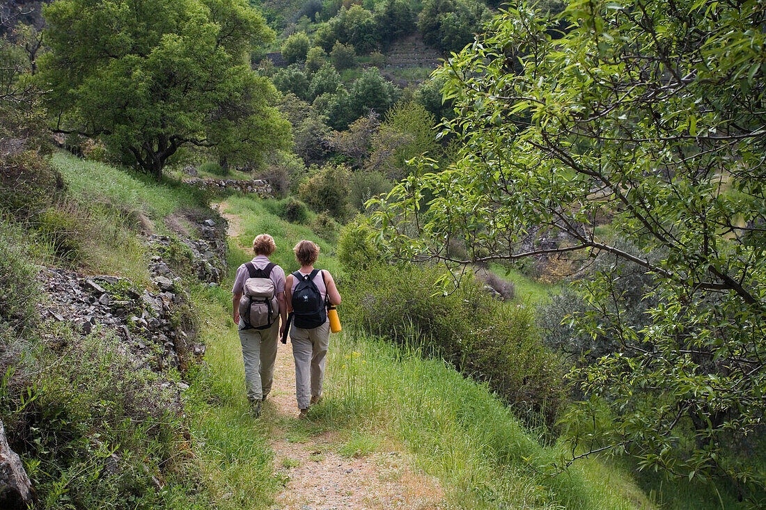 Two people hiking in the Troodos mountains, South Cyprus, Cyprus