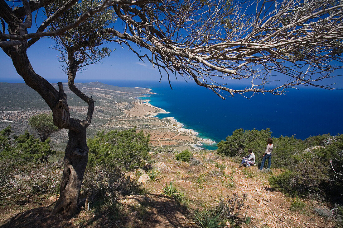 People hiking to Moutis tis Sotiras, 370m, Aphrodite trail, Jalos Activ Tour, Akamas Nature Reserve Park, South Cyprus, Cyprus