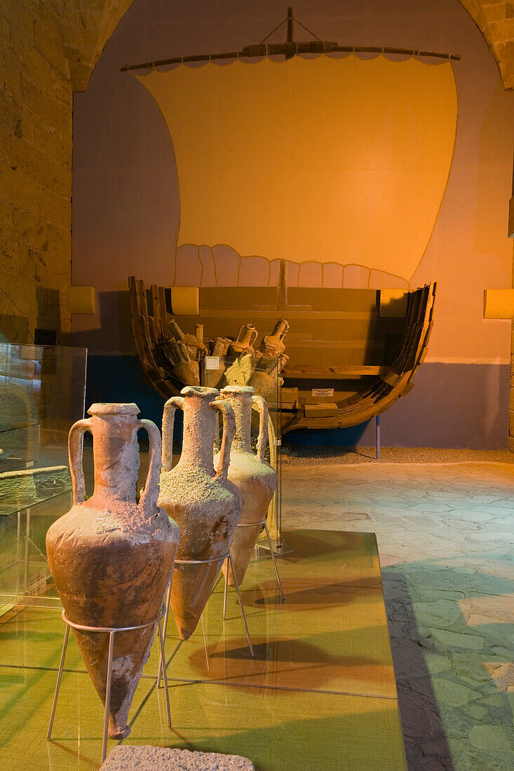 Four amphoras in the Archaeological museum, Shipwreck Museum, Kyrenia Castle, Kyrenia, Girne, North Cyprus, Cyprus