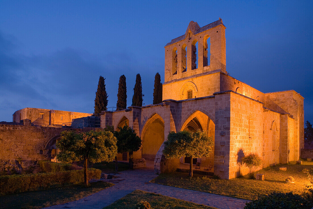 Bellapais abbey in the evening light, Beylerbeyi, Abbaye de la Pais, monastery ruin, near Kyrenia, near Girne, North Cyprus, Cyprus