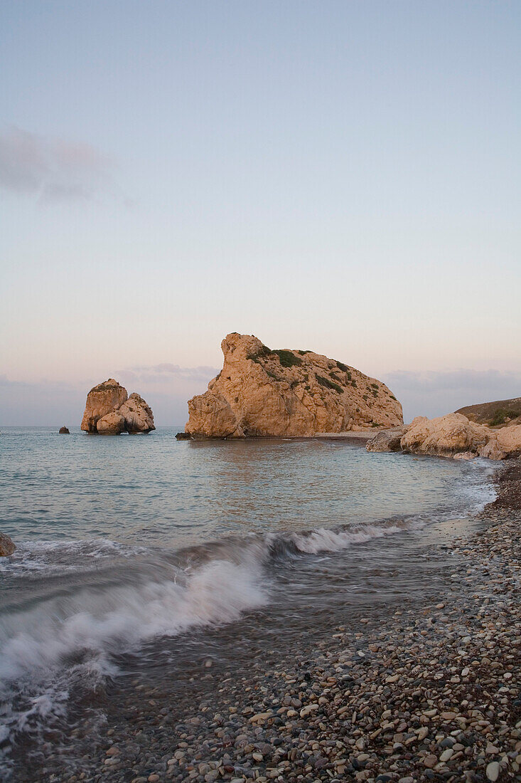 Petra tou Romiou in the evening light, Rock of Aphrodite, Aphrodite's birthplace, Symbol, the Rock from which Aphrodite mythically arose from the sea, Llimassolimassol, South Cyprus, Cyprus