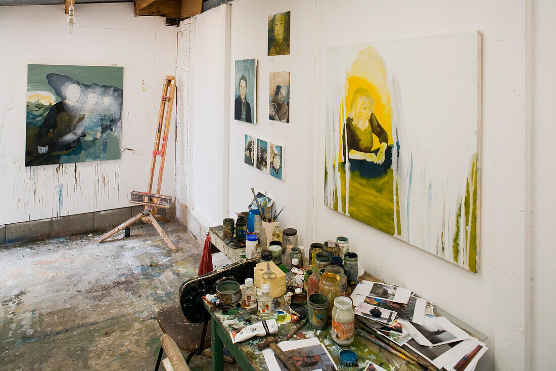 Paintings inside a studio at Cyprus College of Art, summer academy, Lempa, Pafos area, Cyprus