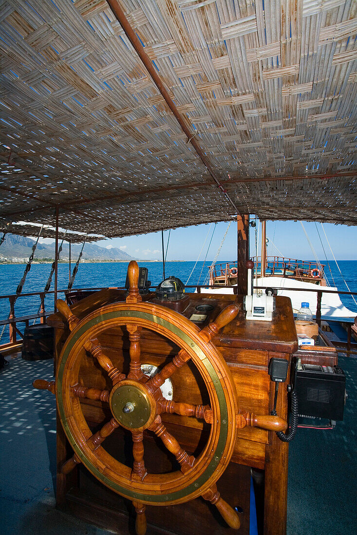 Wheel of a ship, Neptun pirat boat trip, Kaleidoskop Turizm, Kyrenia, Girne, North Coast, Cyprus