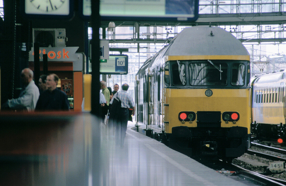 Train arriving at the Central Station of Amsterdam. Netherlands