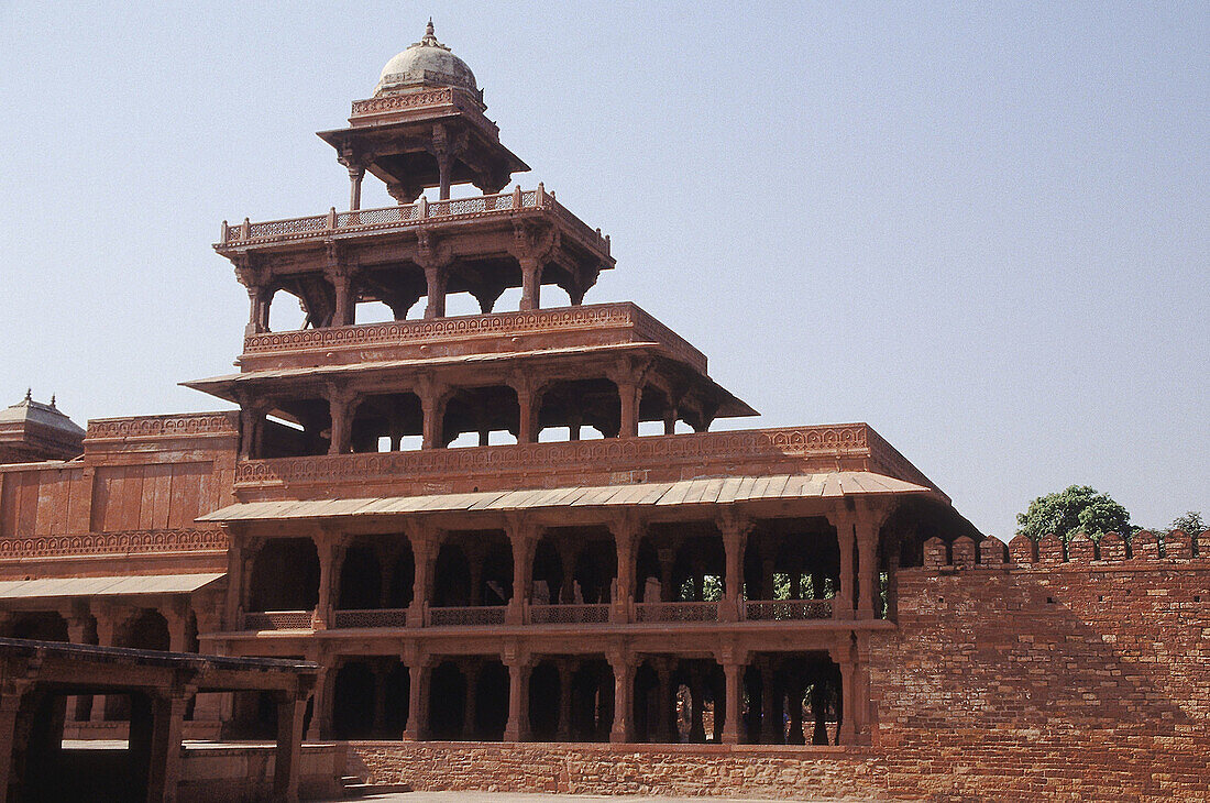 Panch Mahal, an elegant, airy 5 storeyed pavilion. Each floor is smaller than the one below it and it tapers off to form a dome on the top. Fatehpur Sikri, India