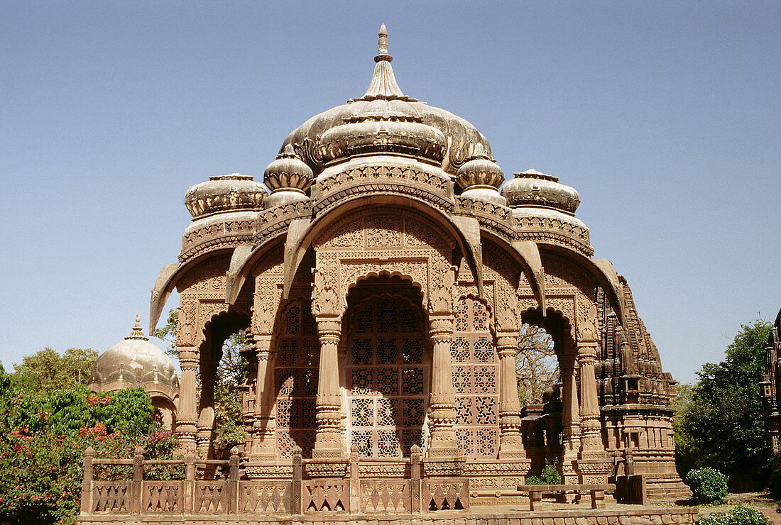 Chattri at Mandore. Chattris are cenotaphs that were constructed at the site of cremation of royalty to commemorate their death. Rajasthan, India.