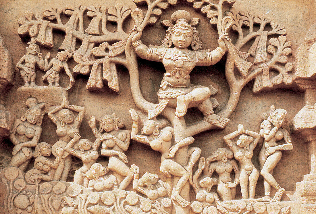 Relief at Gopuram base, Krishna stealing gopis clothes. Nambiraja Temple. Tirukkurunkudi, India. Dated: 1400-1500 A.D.