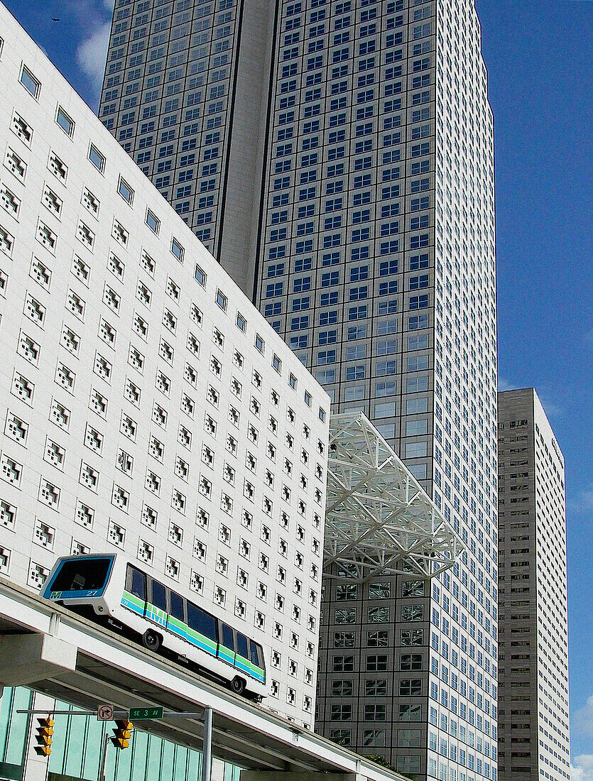 People Mover Transit and the Nations Bank Building. Miami. Florida. USA