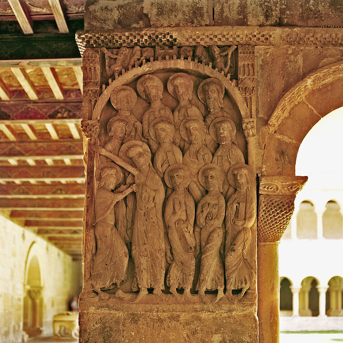 The Incredulity of Saint Thomas relief on pillar (c. 1073), Romanesque cloister of Santo Domingo de Silos benedictine monastery. Burgos province, Castilla-León, Spain