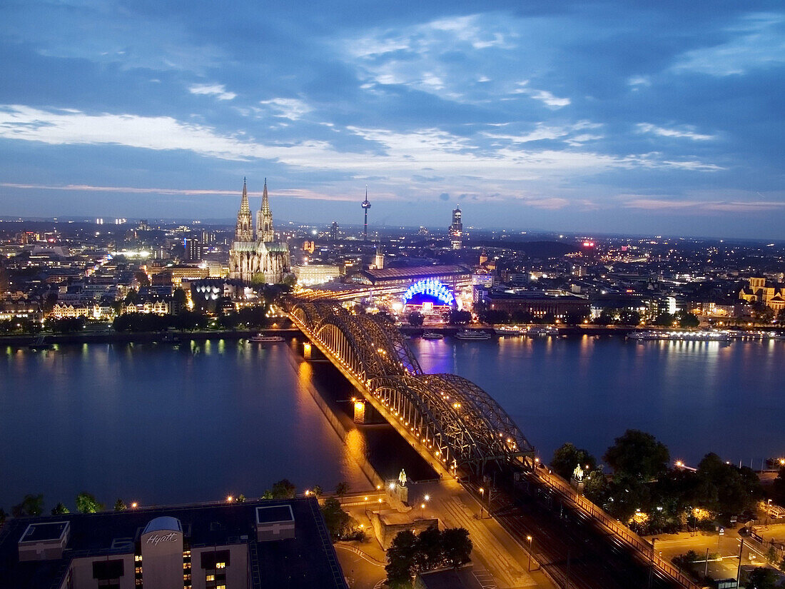Hohenzollern Bridge. The Rhine River. Overview of Cologne at Dusk. Germany
