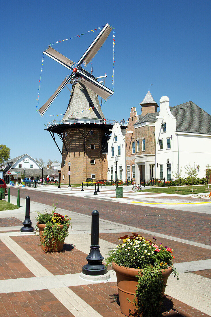 A Dutch windmill in the Historical Village in Pella, Iowa, USA.