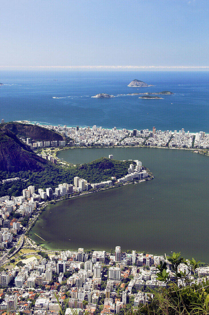 Views of Ipanema, Rodrigo de Freitas Lagoon and the Rio De Janeiro skyline from Corcovado, Brazil