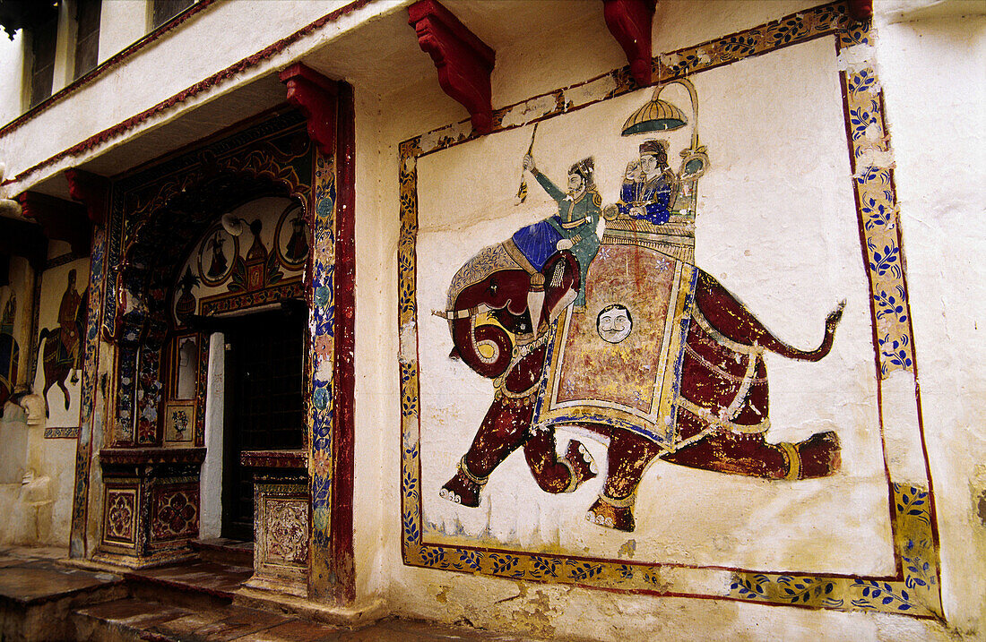 Decorative paintings in Haveli Braj Bhushanjee, Bundi. Rajasthan, India