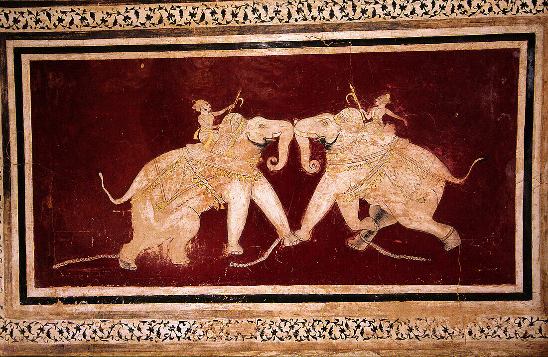 Elephants fighting, mural painting in Chitra Shala area of Bundi Palace. Vindhya Range, Rajasthan, India