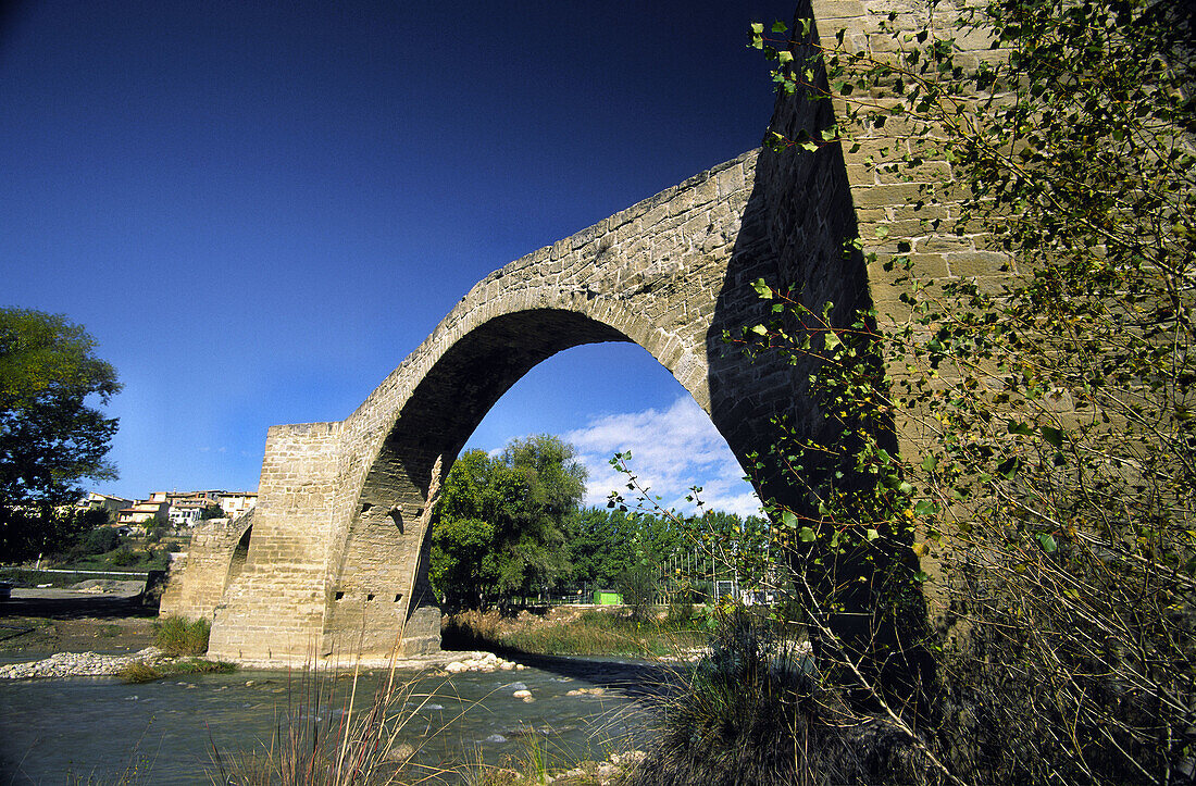 Romanesque bridge. Isabena river. Capella. Isábena valley Ribagorza. Huesca province. Aragon. Spain.