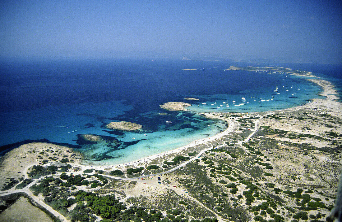 Ses Illetes beach. Es Trucadors and S Espalmador island as seen from the air. Formentera. Balearic Islands. Spain.