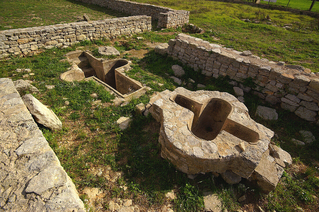 Frühchristliche Kirchenreste in der archäologischen Stätte Son Pereto. Manacor. Mallorca. Balearische Inseln. Spanien