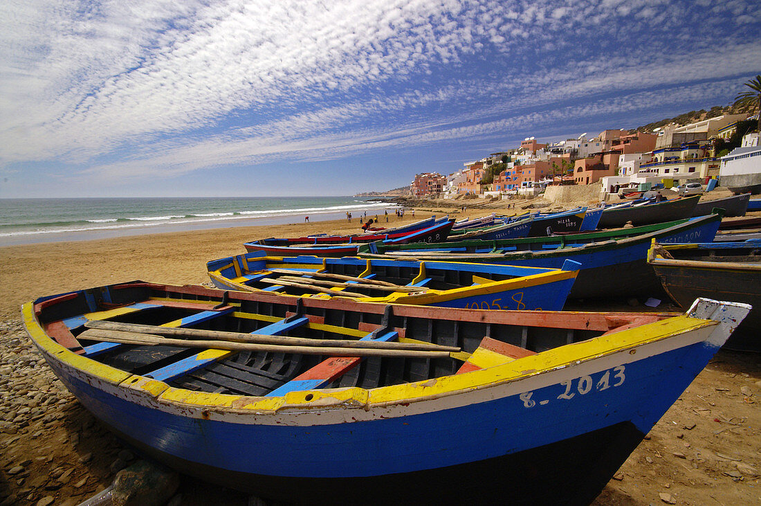 Boote am Strand. Taghazout. Marokko