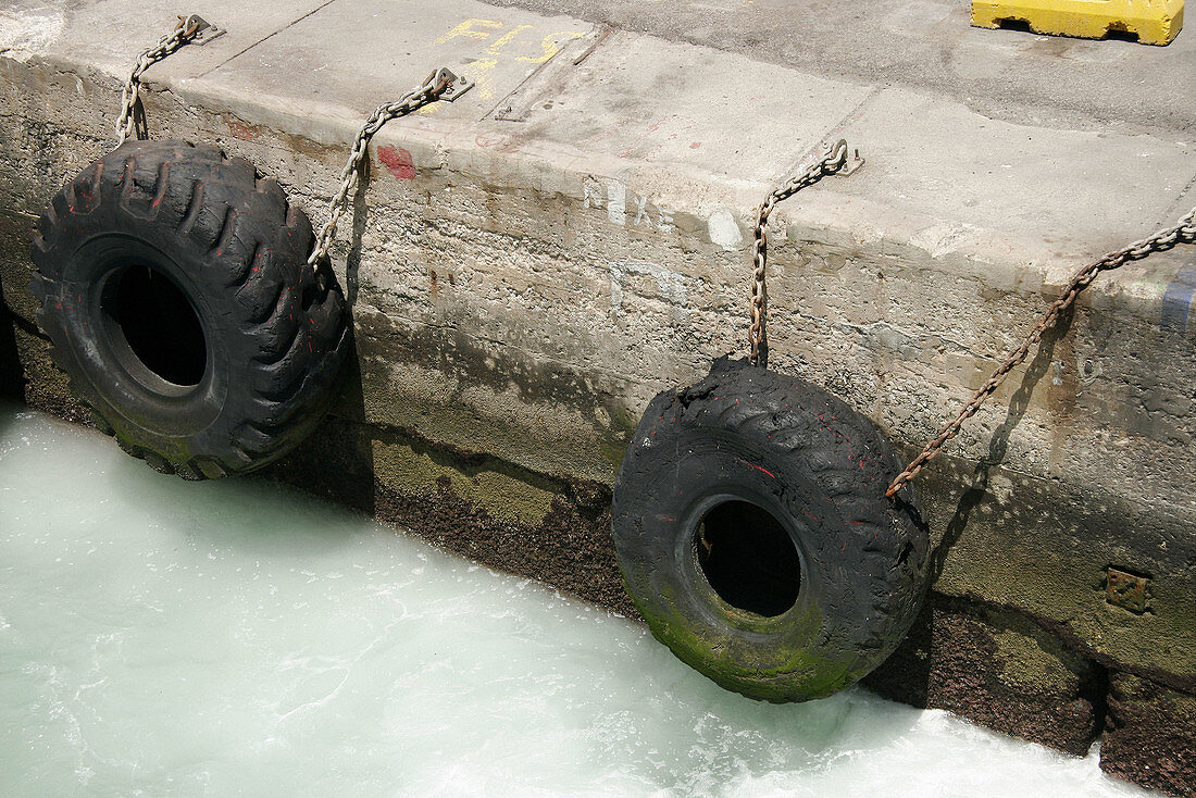 Protection wheels for ships. Harbour. Tanger. Morocco.