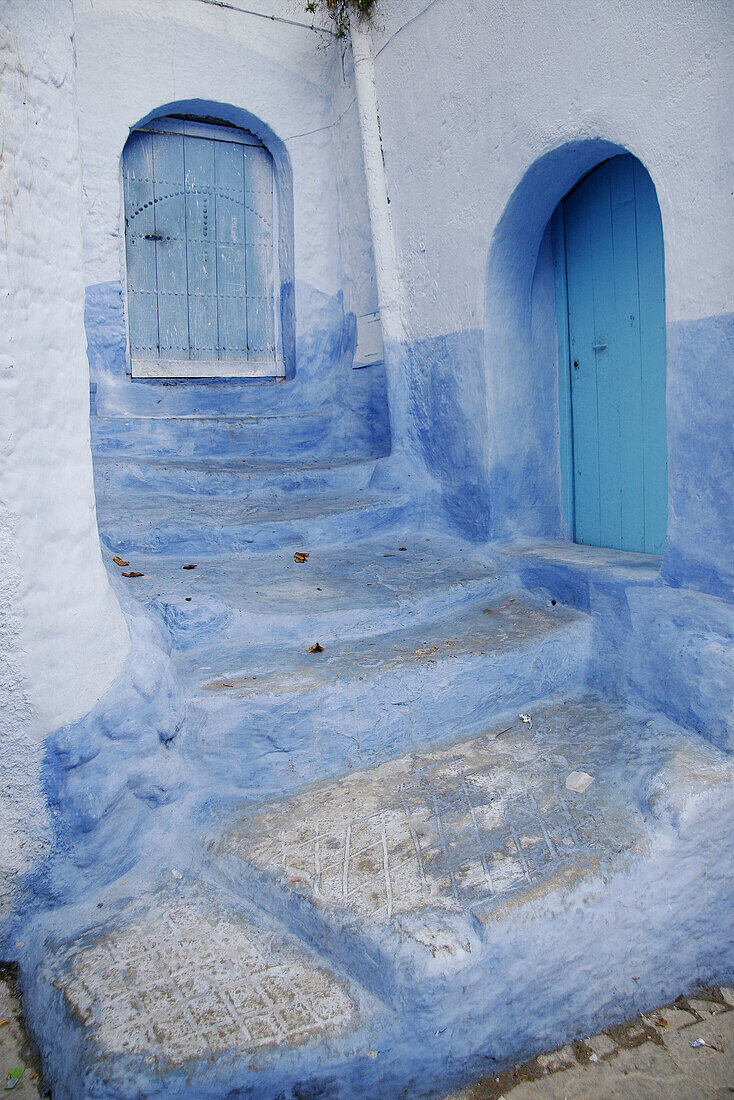 Façade in typical houses in Chefchaouen. Morocco