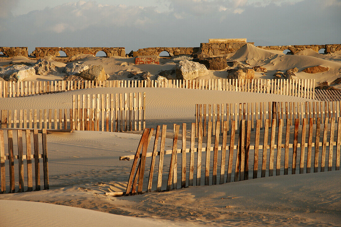 Protective fences between sand dunes at Los Lances beach, Tarifa. Cádiz province, Andalusia, Spain