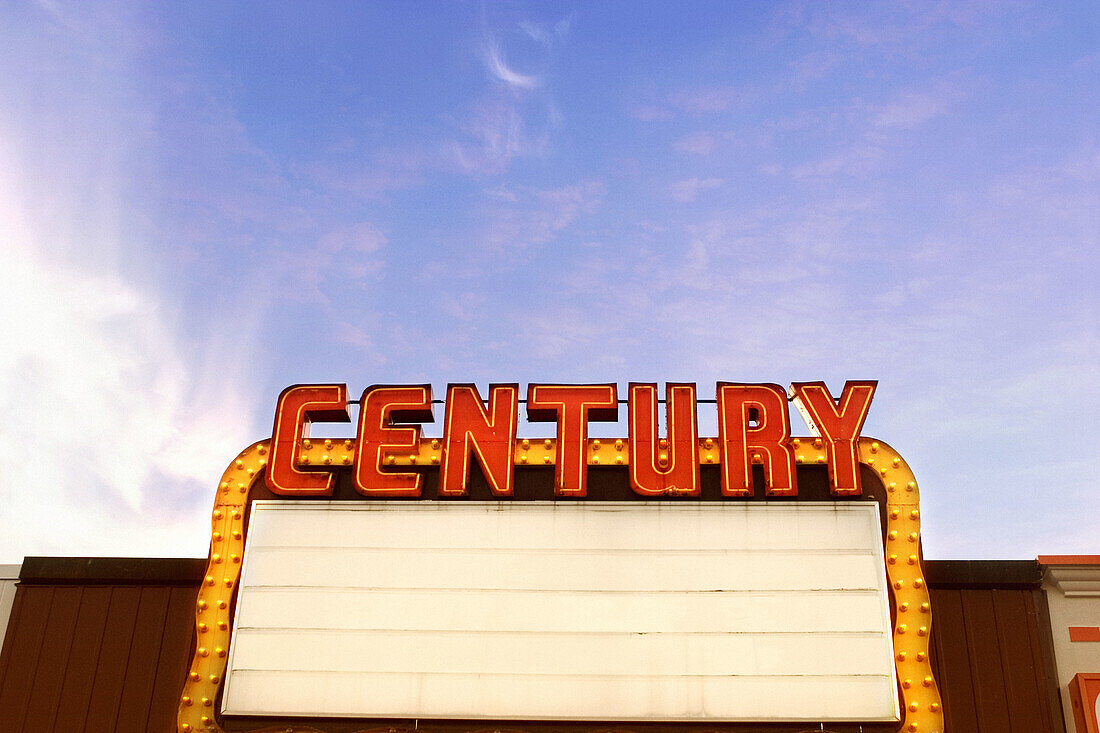  Attracting attention, Blue, Blue sky, Century, Cinema, Cinemas, Color, Colour, Concept, Concepts, Daytime, Exterior, Horizontal, Lit, Movie theatre, Neon, Outdoor, Outdoors, Outside, Sign, Signs, Skies, Sky, Theater, Theaters, Theatre, Theatres, L05-3385