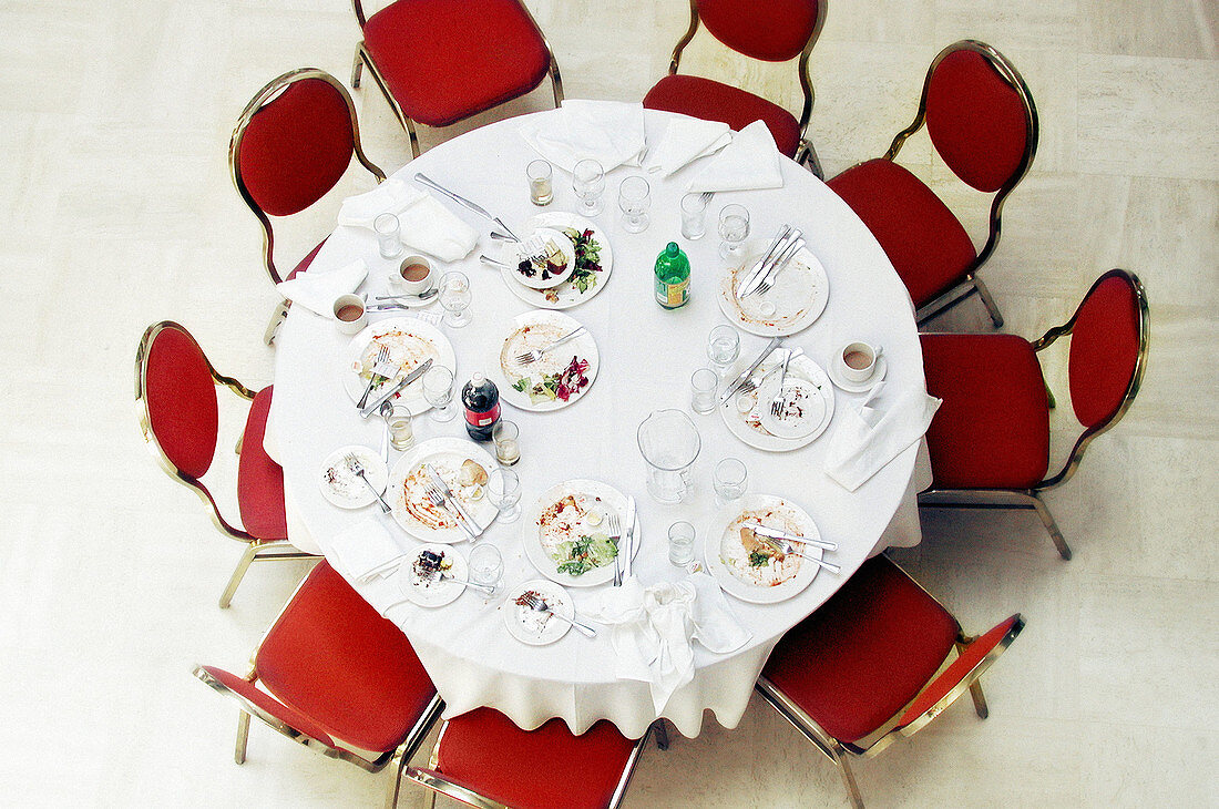  Above, Banquet, Chair, Chairs, Color, Colour, Concept, Concepts, Contemporary, Dish, Dishes, End, Food, From above, Horizontal, Indoor, Indoors, Interior, Lunch, Lunches, Meal, Meals, Meeting, Meetings, Nobody, Nourishment, Party, Plate, Plates, Remains,
