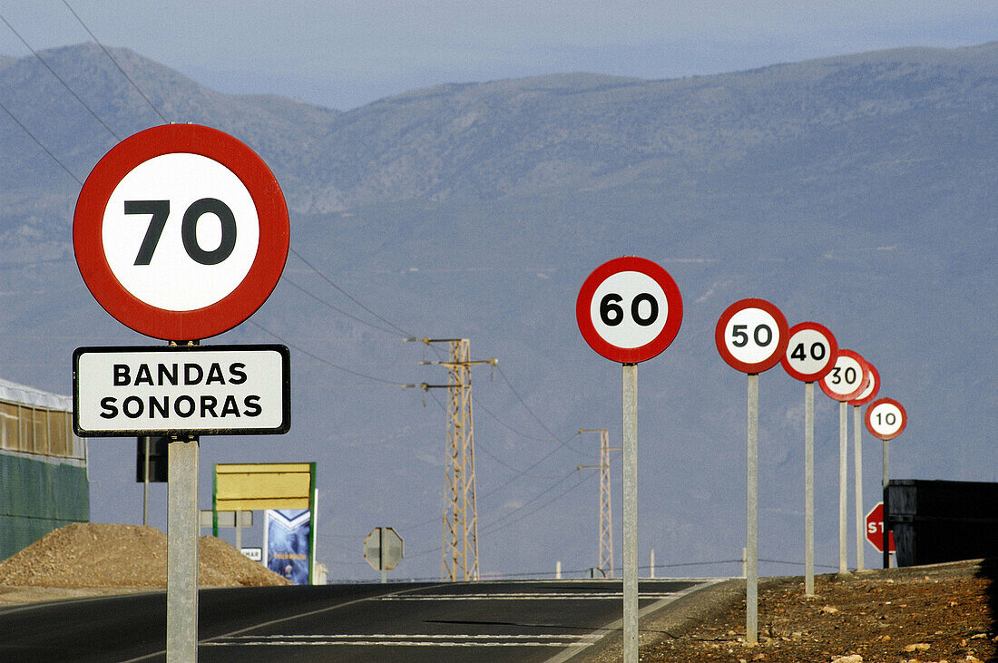 Traffic signs on a street from Roquetas de Mar to Almerimar. Almería province, Spain