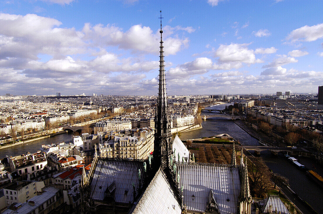 Aerial view of Ile Saint-Louis, Notre-Dame belltower and the Seine River. Paris. France