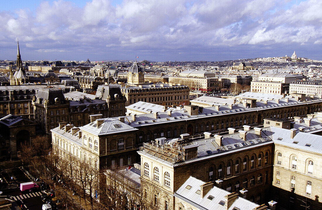Aerial view of the Hotel Dieu and rooftops. Paris. France
