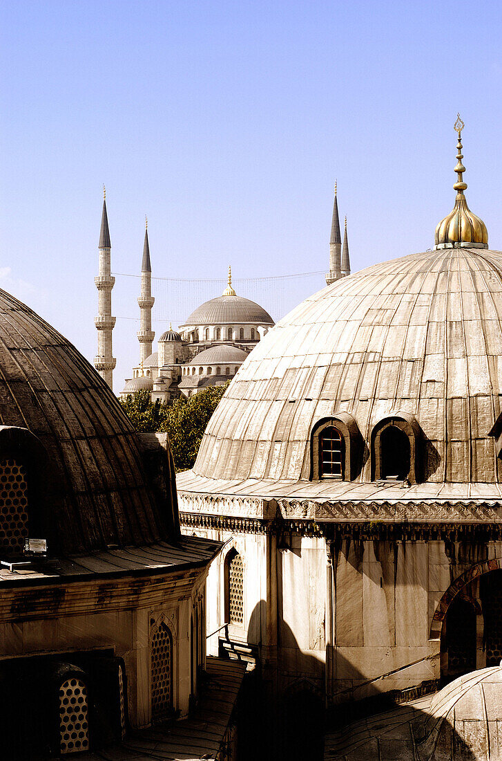 View of the Blue Mosque from Hagia Sofia rooftop domes. Istanbul. Turkey