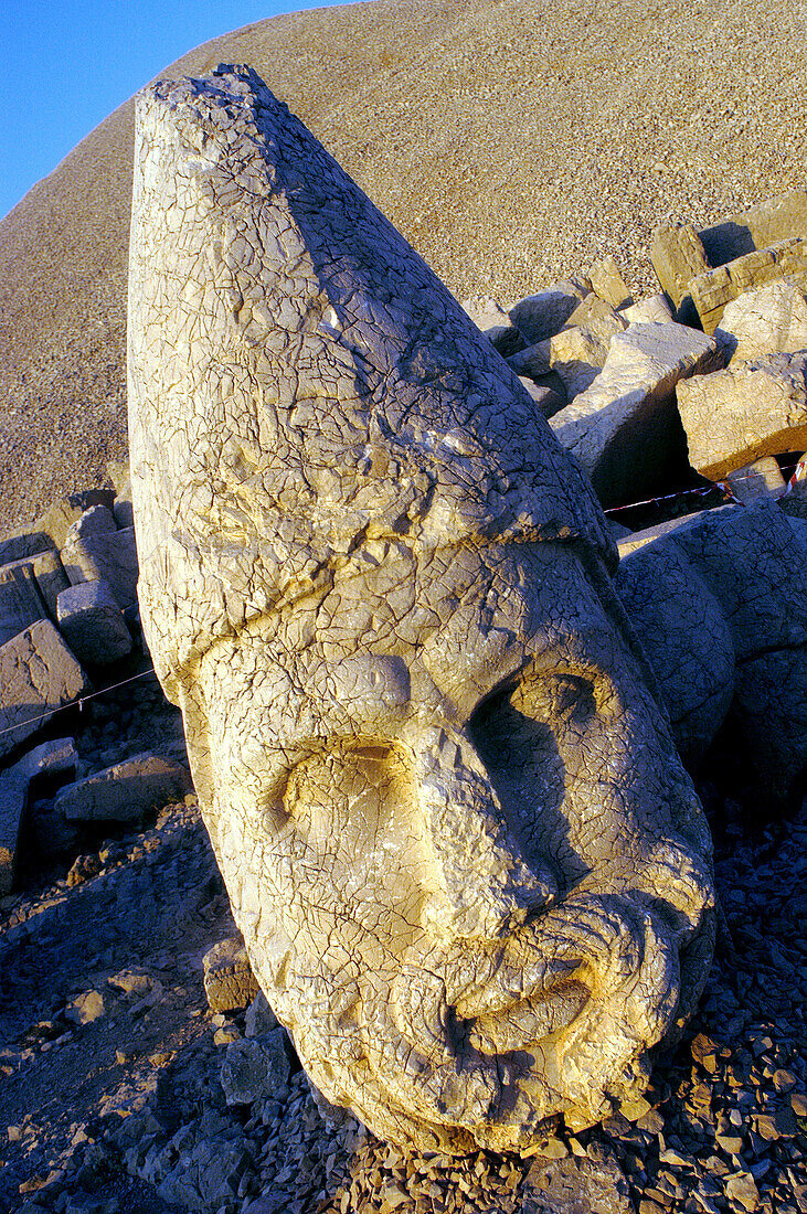 Colossal statue head at summit of Mount Nemrut. Turkey.