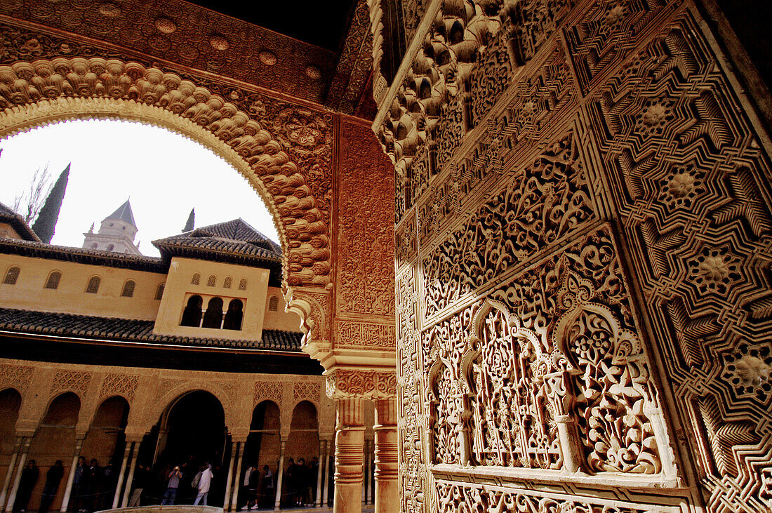 Detail of intricately designed interior of the Alhambra. Granada. Andalucia. Spain