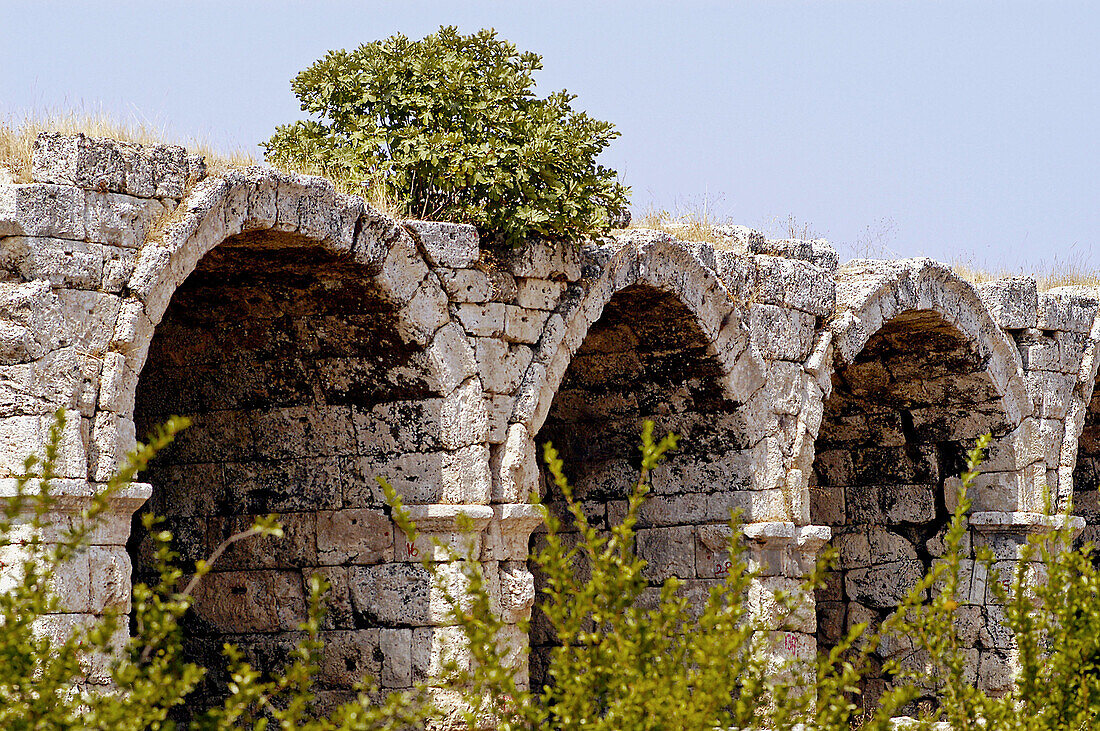 Arcades near ancient stadium at the ruins of Perge. Turkey
