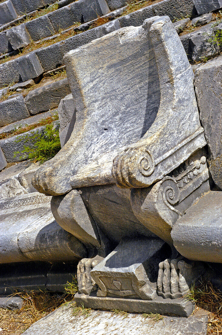 Finely carved seat at the Ancient Theater of Priene. Turkey