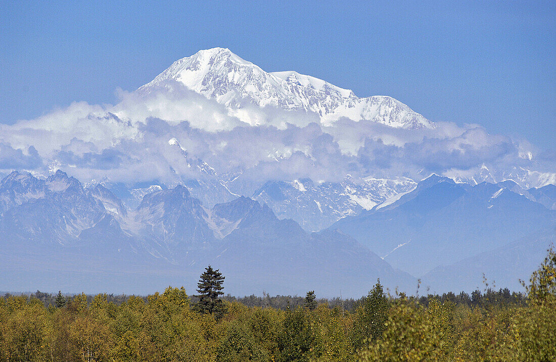 Mount McKinley or Denali seen from the Parks Highway. Alaska. USA