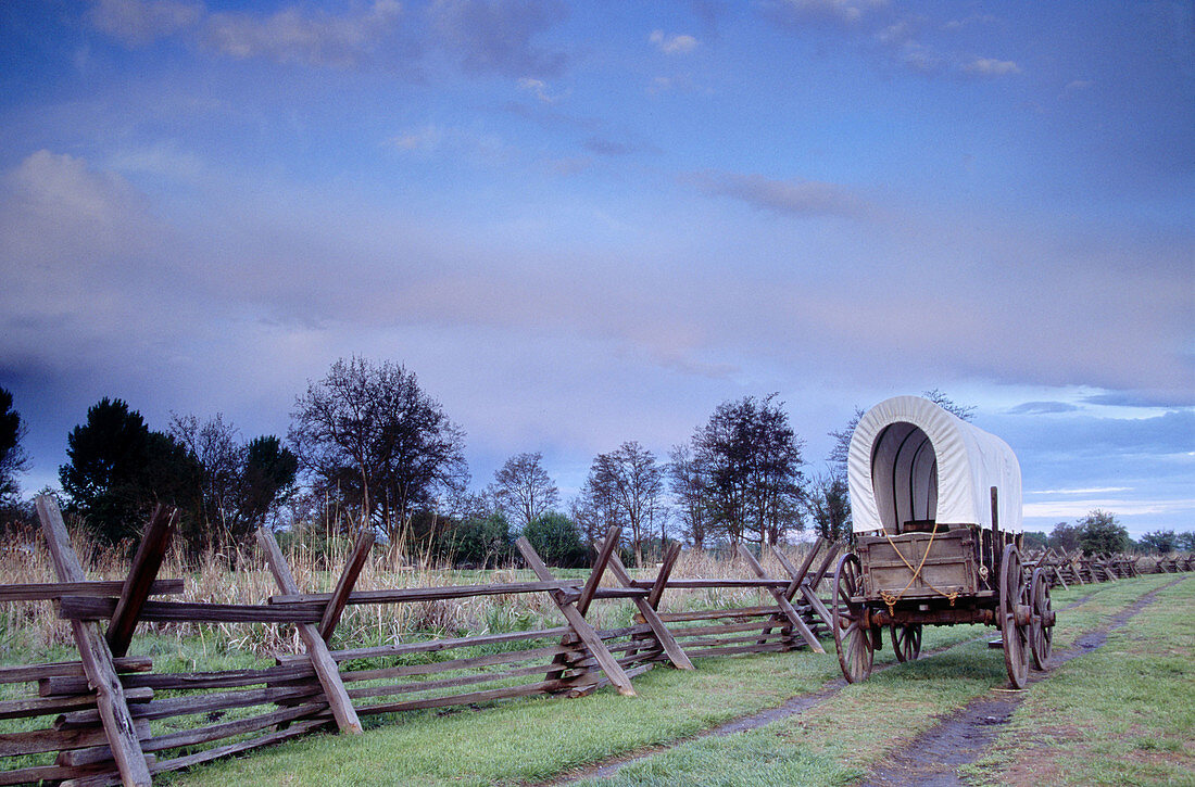 Wagon at Whitman Mission National Historic Site. Walla Walla county. Washington. USA