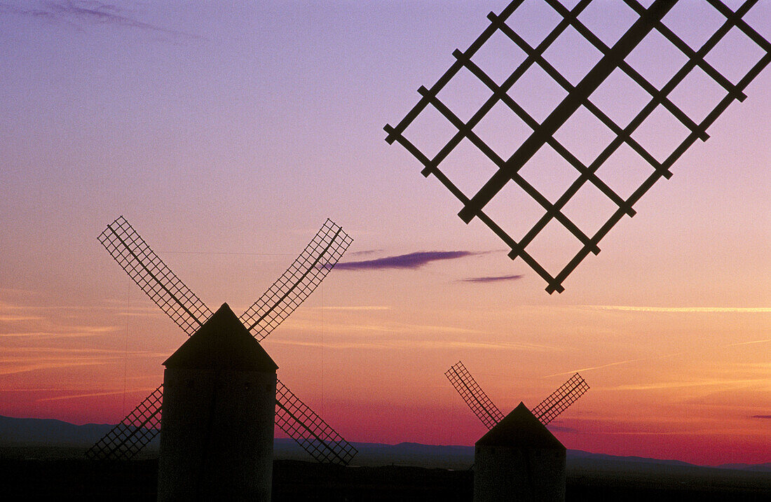 Windmills at sunset. Campo de Criptana. Ciudad Real province. Castilla-La Mancha. Spain