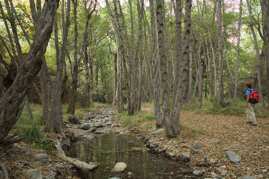 Person hiking in the Diarizos Valley, Diarizos river, near Pafos, Cyprus