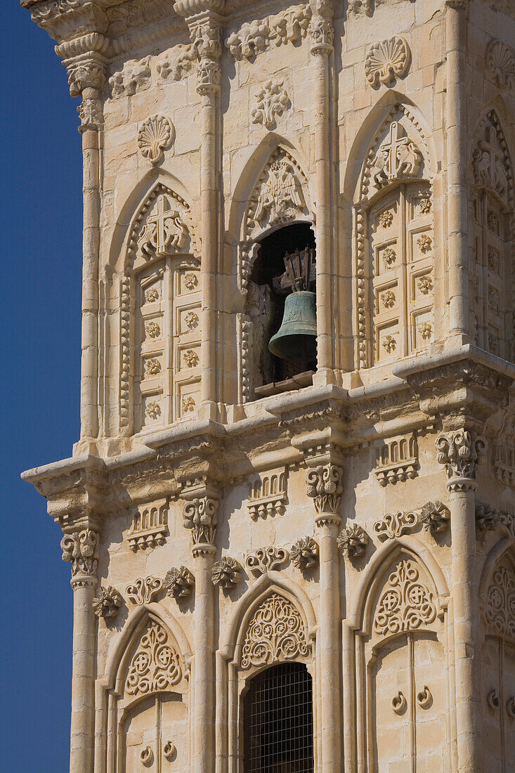 Facade of Agios Lazaros church with bell tower and bell, Cypriot Orthodox church in Larnaka, South Cyprus, Cyprus